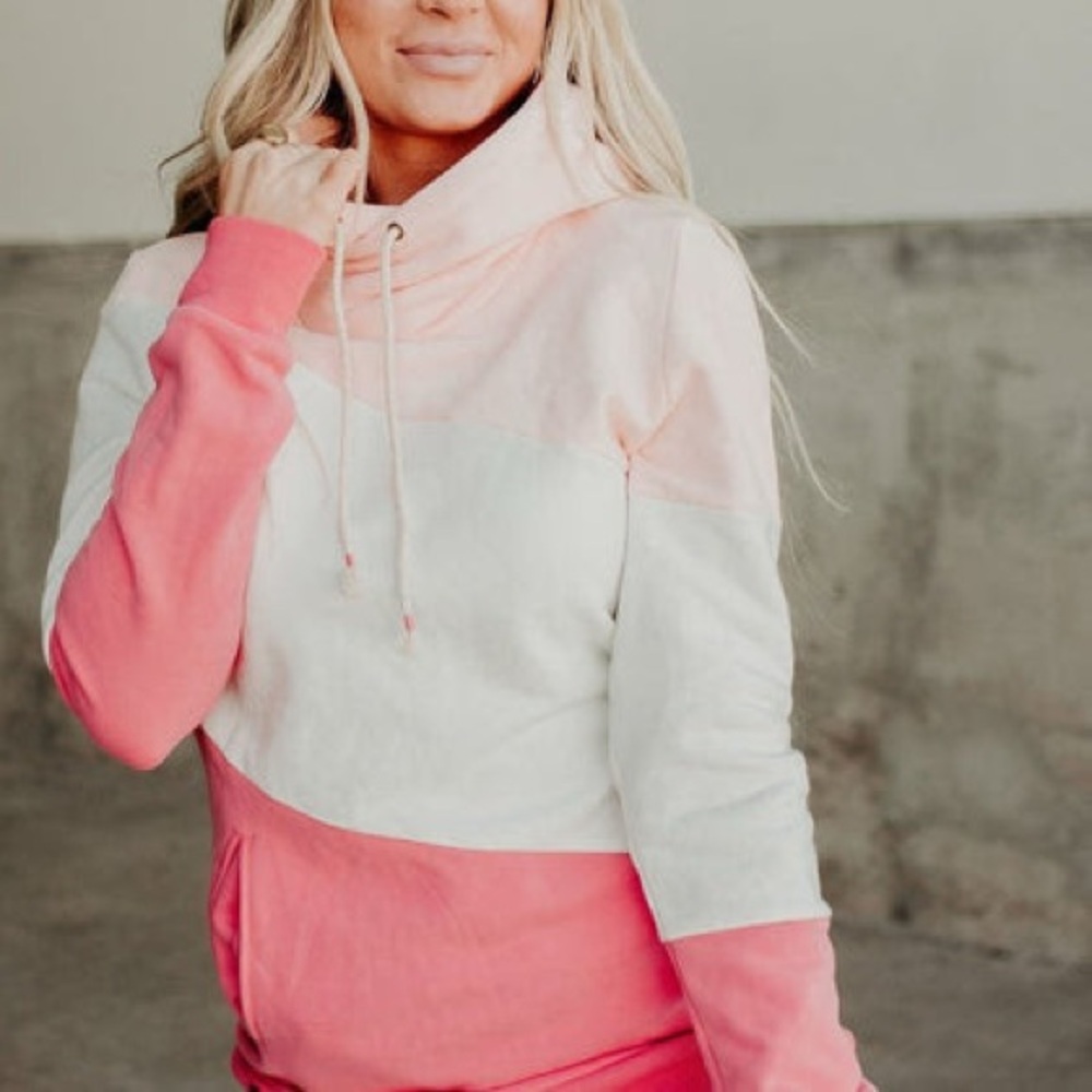 AMPERSAND AVE Pink and White Colorblock Hoodie